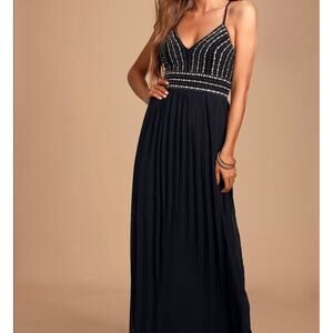 NWT Lulus Black Beaded Maxi Dress Size Medium | Pleated Skirt, Formal Gown